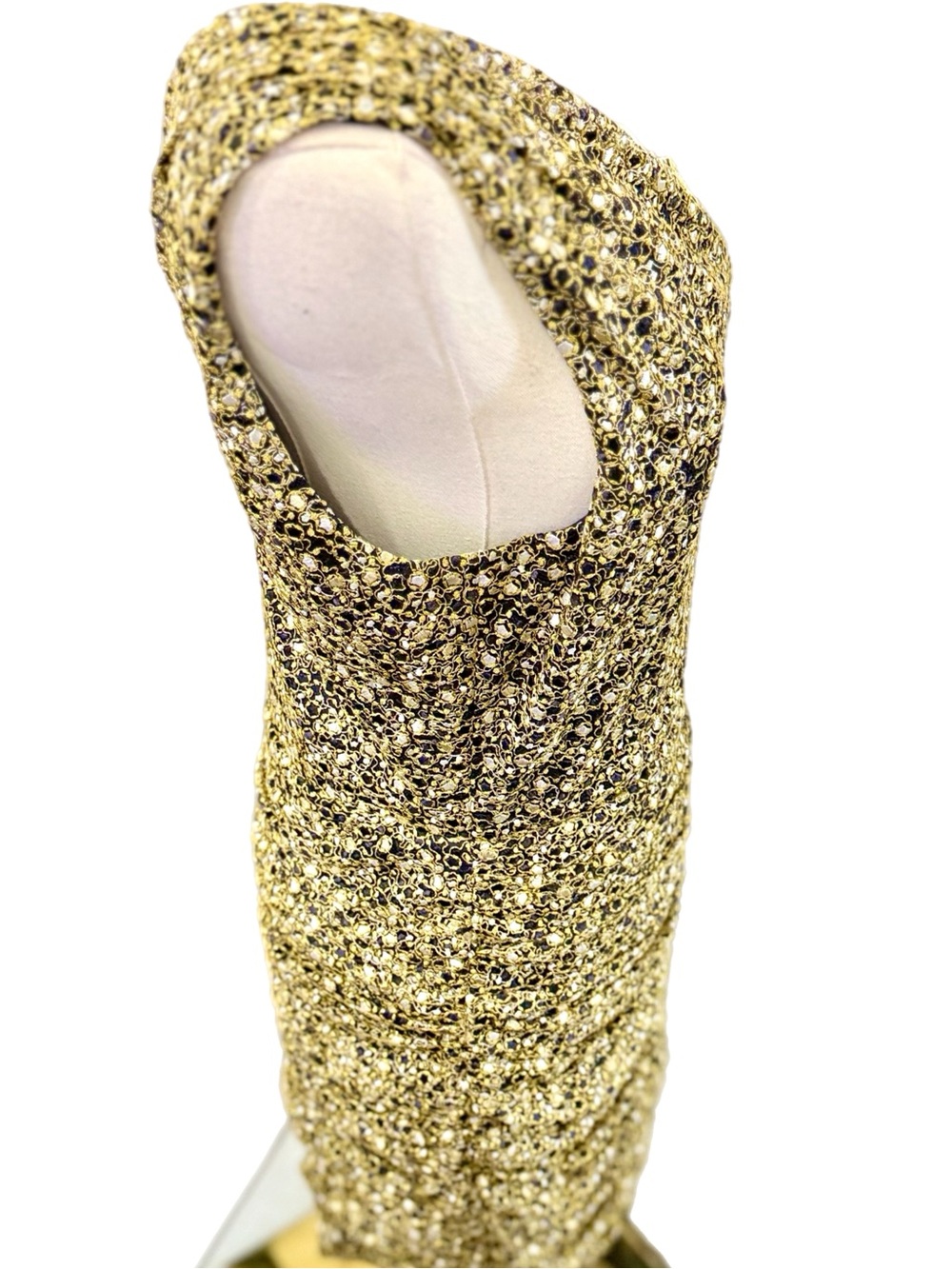 One-Shoulder Metallic Gold Ruched Mini Dress - Picture 7 of 11